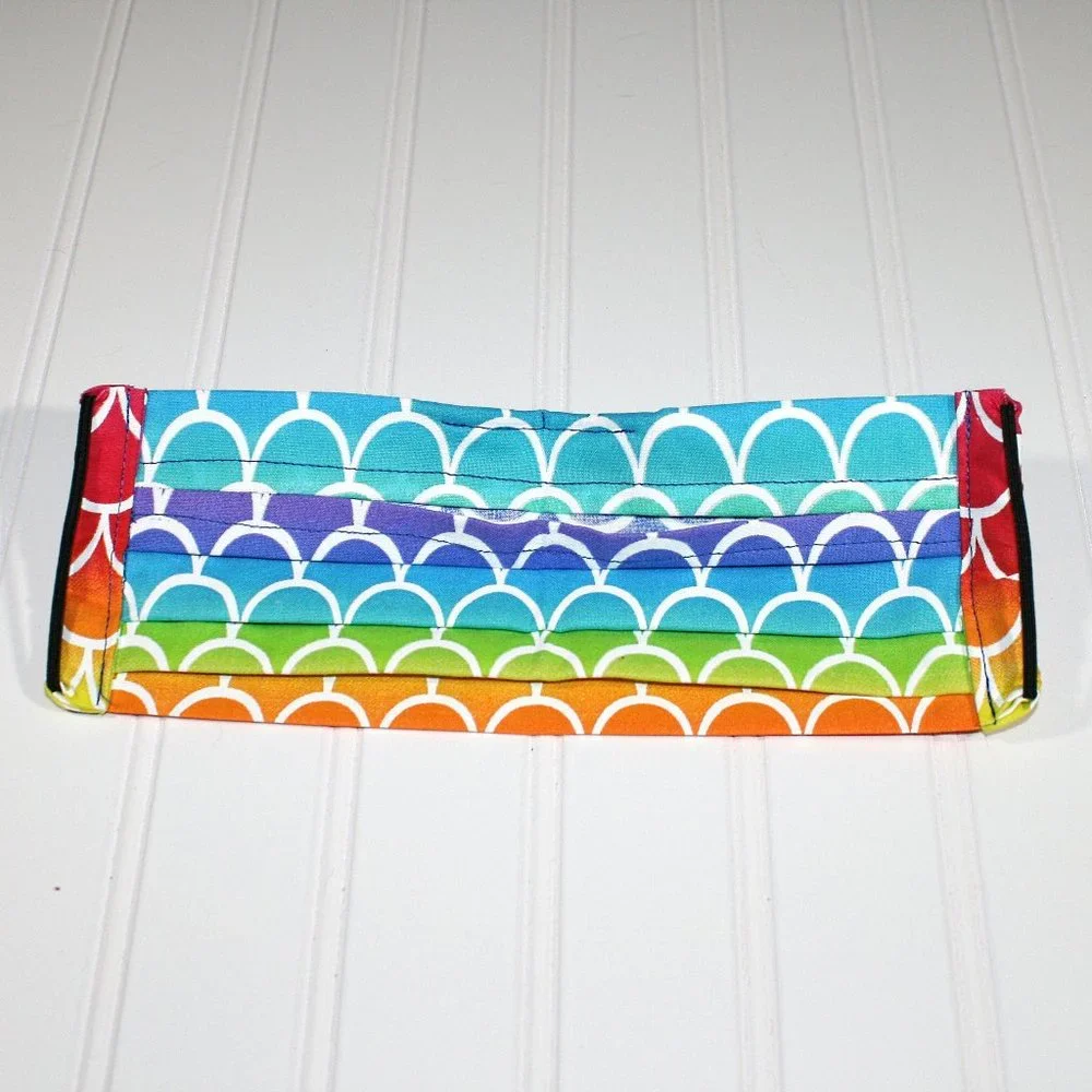 HAND CRAFTED Face Mask Rainbow Mermaid Stripes Cotton- Adult - Pocket Style
